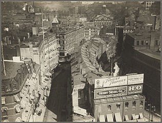Overview of future site of City Hall, showing Brattle St., Cornhill, and small portion of Faneuil Hall in background, c.1920