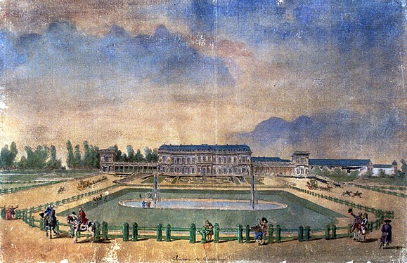 View of the entrance courtyards and north facade (anonymous drawing with watercolor, Bibliothèque nationale de France)