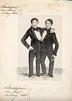 Siamese twins Chang and Eng, promotional lithograph by Alfred Hoffy, c.1836–37