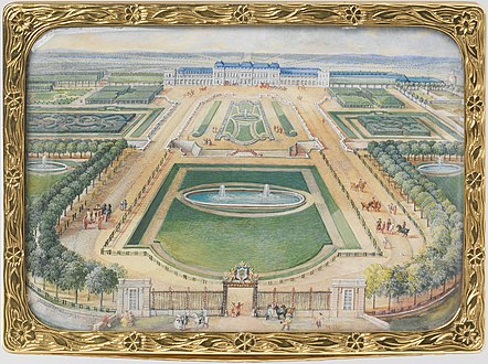 Northern view of the château from the entrance screen, the "Grille Dorée"[47] (snuffbox top)