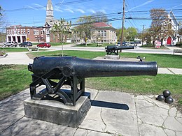 Photo shows two black naval cannons on a town common.