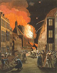 An illustration by C.W. Eckersberg of the Church of Our Lady being bombarded