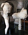 Marmorfragmente der Dioskuren mit ihren Pferden, die im Becken der Juturna-Quelle gefunden wurden. Die Skulpturen wurden gegen Ende des 2. Jahrhunderts v. Chr. angefertigt und sind zurzeit im Tempel des Romulus auf dem Forum Romanum ausgestellt.