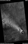 Light-toned streak on the leeward side of a crater, as seen by HiRISE under HiWish program