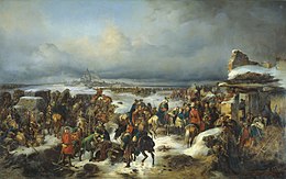 Painting of ragged Prussian soldiers retreating through a winter landscape after abandoning Kolberg