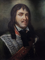 Painting of a young man in a hussar uniform. He wears a moustache and brown hair past his shoulder.