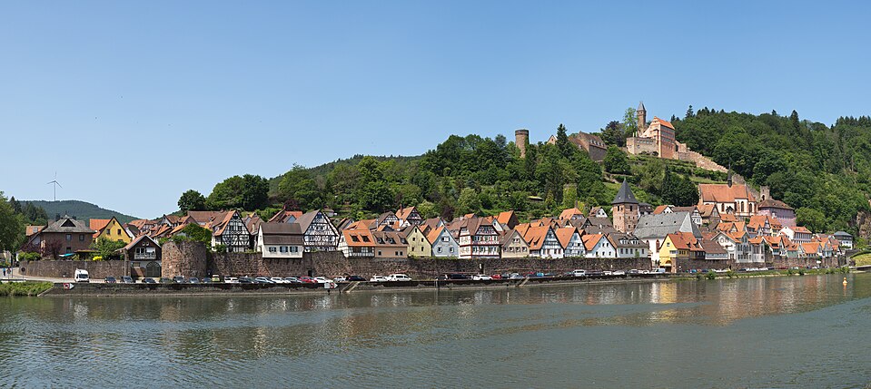 Blick auf den historischen Ortskern mit Burg Hirschhorn vom östlichen Neckarufer