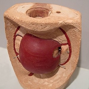 Step 4: The hollow paraffin apple is covered with a final, fire-proof mould, in this case clay-based, an open view. The core is also filled with fire-proof material. Note the stainless steel core supports. In the next step (not shown), the mould is heated in an oven upside-down and the wax is "lost"