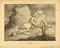 A scene from Lord Byron's poem "The Corsair": The distraught Medora, reclining on a rock overlooking the shore, her garment swirling in the wind; the name of her husband, Conrad, is carved in Greek letters on the rock, 1820-23