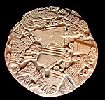 Coyolxauhqui Stone (Aztec); c. 1469–1481; stone; diameter: 3 m; Templo Mayor Museum (Mexico City)[64]