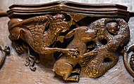 A misericord in Ripon Cathedral, allegedly the inspiration for the griffin and rabbit hole in Lewis Carroll's Alice in Wonderland.