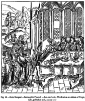 State Banquet. Serving the Peacock. Facsimile of a woodcut in an edition of Virgil, folio, published at Lyons in 1517.