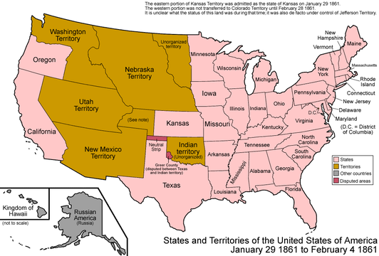 Map of the United States after the admission of Kansas to the Union on January 29, 1861
