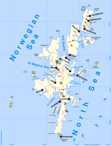 A map of Shetland. The main islands lie on a north-south axis, with the Norwegian Sea to the north and west and the North Sea to the south and east.