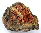 Vug in a limonitic matrix is the host for bi-pyramidal, brownish-red crystals of wulfenite