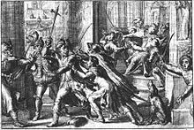 An imaged depiction of the attempted assassination by Piekarski on Sigismund in Warsaw. Piekarski holds a war hammer