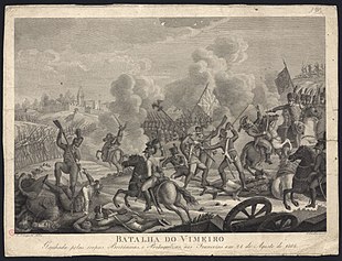 Sepia print of a battle with a British flag in the center and an officer being shot with a pistol at right.