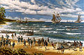 Continental Marines landing at New Providence in March 1776 during the Battle of Nassau, the first amphibious landing of the Marine Corps, during the American Revolutionary War