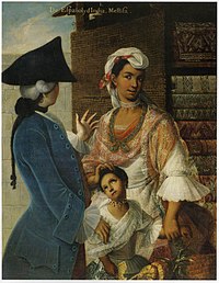 An 18th century oil painting depicting a white man, an indigenous woman, and a mixed race child wearing formal 18th century attire