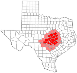 Central Texas counties in red; counties sometimes included in Central Texas in pink