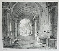 Maid offering water to a knight, lithograph by C. Motte from a drawing by Renoux