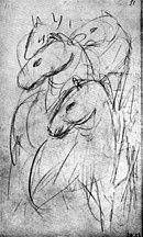 Skizze von vier Pferden, die sich eng übereinander befinden und nach links blicken.