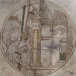 Roundel from Guthlac Roll, 1210: Guthlac builds a chapel at Crowland