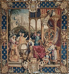 Baroque cartouche on the edges and corners of The Astronomers, designed by Guy-Louis Vernansal, 1722-1724, wool, silk and tapestry weaving, Louvre
