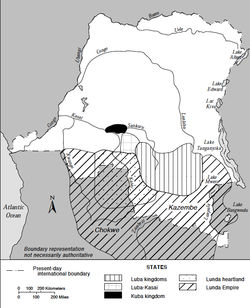 Map of the Kuba Kingdom, Lunda Empire and Luba kingdoms in the Congo River Basin.