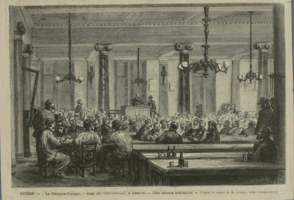 Illustration of a session of the Geneva section of the International Workingmen's Association, between 1869 and 1875.