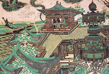 Tang dynasty mural of architecture from Mogao Grottoes.