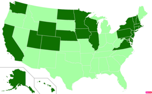 States in the United States by median family household income according to the U.S. Census Bureau American Community Survey 2013–2017 5-Year Estimates.[249] States with median family household incomes higher than the United States as a whole are in full green.