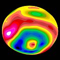 Elevation diagram of 4 Vesta (as determined from Hubble Space Telescope images of May 1996) viewed from the south-east, showing Rheasilvia crater at the south pole and Feralia Planitia near the equator