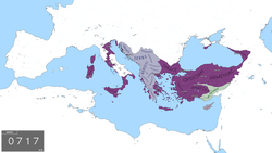The Byzantine Empire by the end of the Twenty Years' Anarchy in 717 AD.