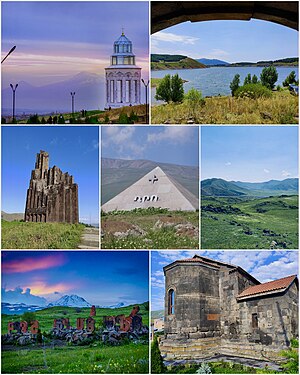 From top left: Holy Angels Church with Mount Aragats Aparan reservoir • Battle of Abaran memorial Mausoleum of Dro • Natural landscape of Aparan Armenian alphabet park • Kasagh Basilica
