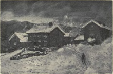 a painting of the farmyard in winter shows the barn, house and outbuildings around a central yard.