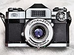 Contaflex Super, an early SLR camera finished in chrome and black leather