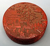 Covered box with pavilion and figures; 1300s (the Yuan dynasty); carved lacquer; Tokyo National Museum