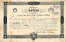 Gründeraktie der k.k. ersten Donau-Dampfschiffahrts-Gesellschaft über 500 Gulden, ausgestellt auf den Bankier S. M. von Rothschild in Wien am 1. März 1838, eigenhändig unterschrieben von dem Großhändler und Bankier Johann Simon von Sina und von dem Bankier und Großindustriellen Freiherrn von Pereira-Arnstein