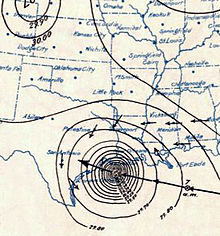 A weather map showing the storm near Texas. Tight contour rings pressure are close to the center, indicating an intense hurricane