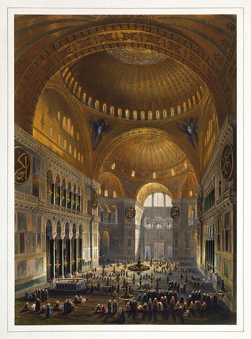 The Ayasofya Mosque in 1852, before it was partially converted back into the Hagia Sofia.