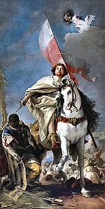 Painting of a haloed warrior on a white horse carrying a flag and killing a man, while an angel looks on from a cloud.