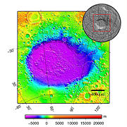 Hellas Basin Area topography. Crater depth is 7152 m[5] (23,000 ft) below the standard topographic datum of Mars.