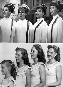 Lennon Sisters in 1971 (top) and in 1955. 1971, from left: Kathy, Janet, Peggy and Dianne; 1955, from left: Janet, Kathy, Peggy, and Dianne