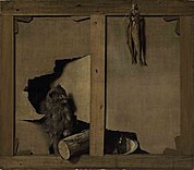 Trompe-l'œil with a cat and a wooden log through a canvas, fish hanging from the stretcher