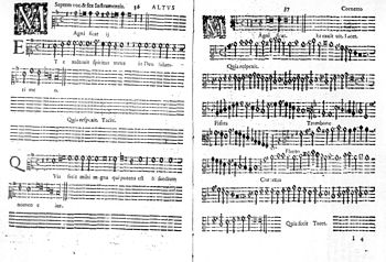 Two pages of printed music from the alto short score, with the voice part left and the corresponding basso continuo right, with names of other instruments