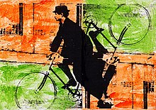 Pedro Meier Alfred Jarry, Ur-Dadaist, „König Ubu“ auf Veloziped. Mischtechnik auf Papier auf Leinwand 2016. Foto © Pedro Meier Multimedia Artist