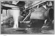 Peirce-Smith converters in the Washoe factory of Anaconda Copper in 1920. The capacity is 65 tons of copper matte, blown in three hours (white metal) + one hour forty-five minutes (blister). The shape of the converter is of the Great Falls type.