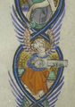 England. Angel with a citole. Art from right margin of Peterborough Psalter (Brussels copy), c. before 1321. Citole's thick neck is just visible at the edges of the fingerboard.