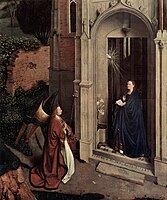 Circle of van Eyck, or Petrus Christus. The Friedsam Annunciation from the Metropolitan; the right side of the doorway is Romanesque (Old Covenant), and the left Gothic (New Covenant). The garden is overgrown, with the outer wall falling down.